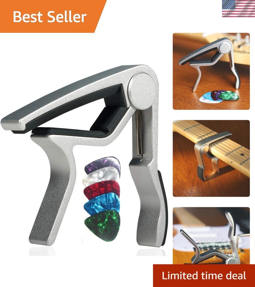 Silver Guitar Capo for 6-String Guitars + 5 Picks - Quick Release