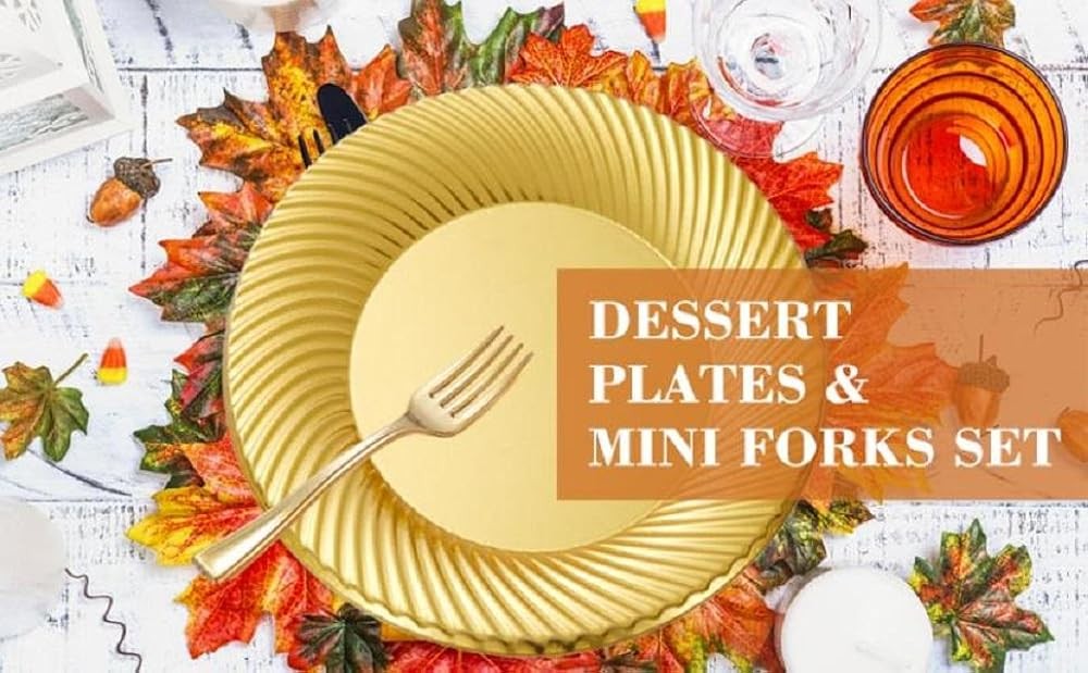 Gold Plastic Dert Plates with Mini Forks, Include Disposable