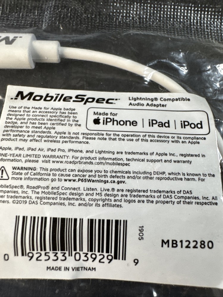 2 X Mobile Spec MB12280 Usb Charging Cables~Lightning Adapters 3.5mm Cable White