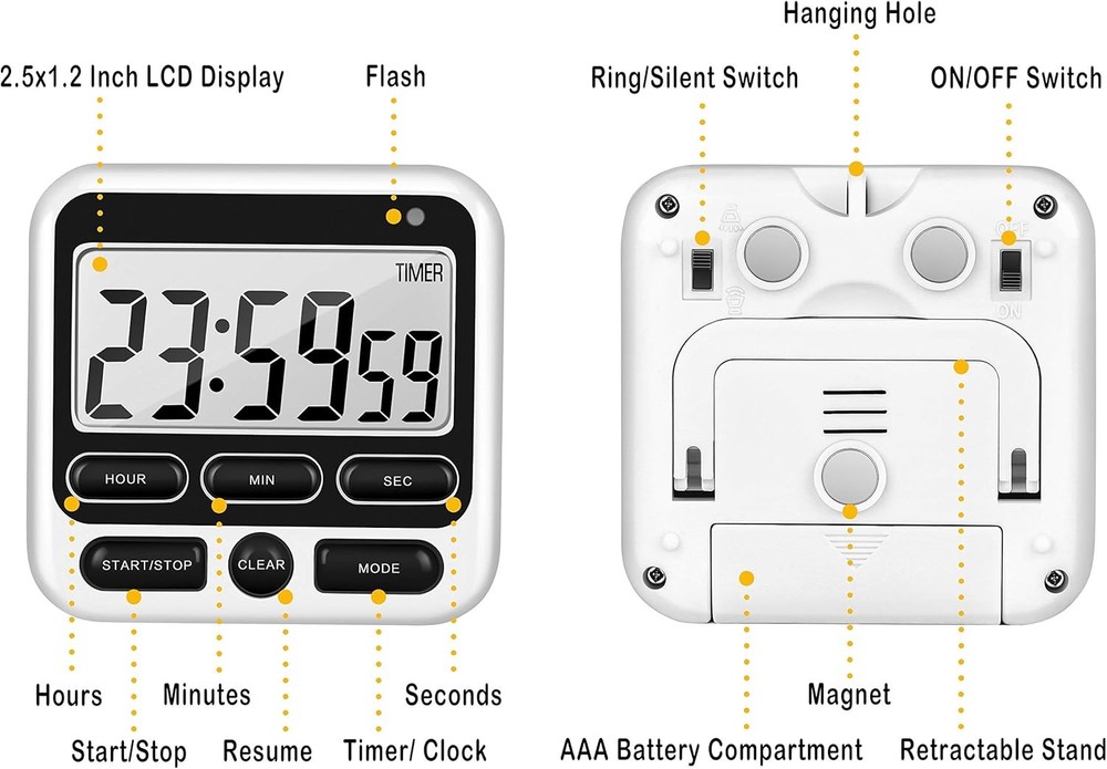 Digital Kitchen Timer with Mute/Loud Alarm Switch ON/Off Switch, 12-Hour Clock