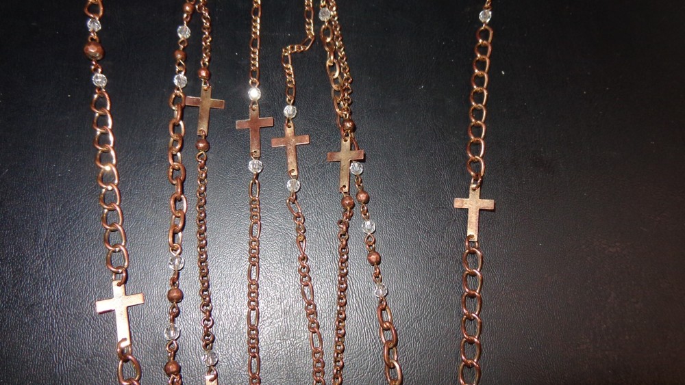 RELIGIOUS COPPER? MULTICHAIN CRYSTALS ORNATE CROSS PENDANT STATEMENT NECKLACE