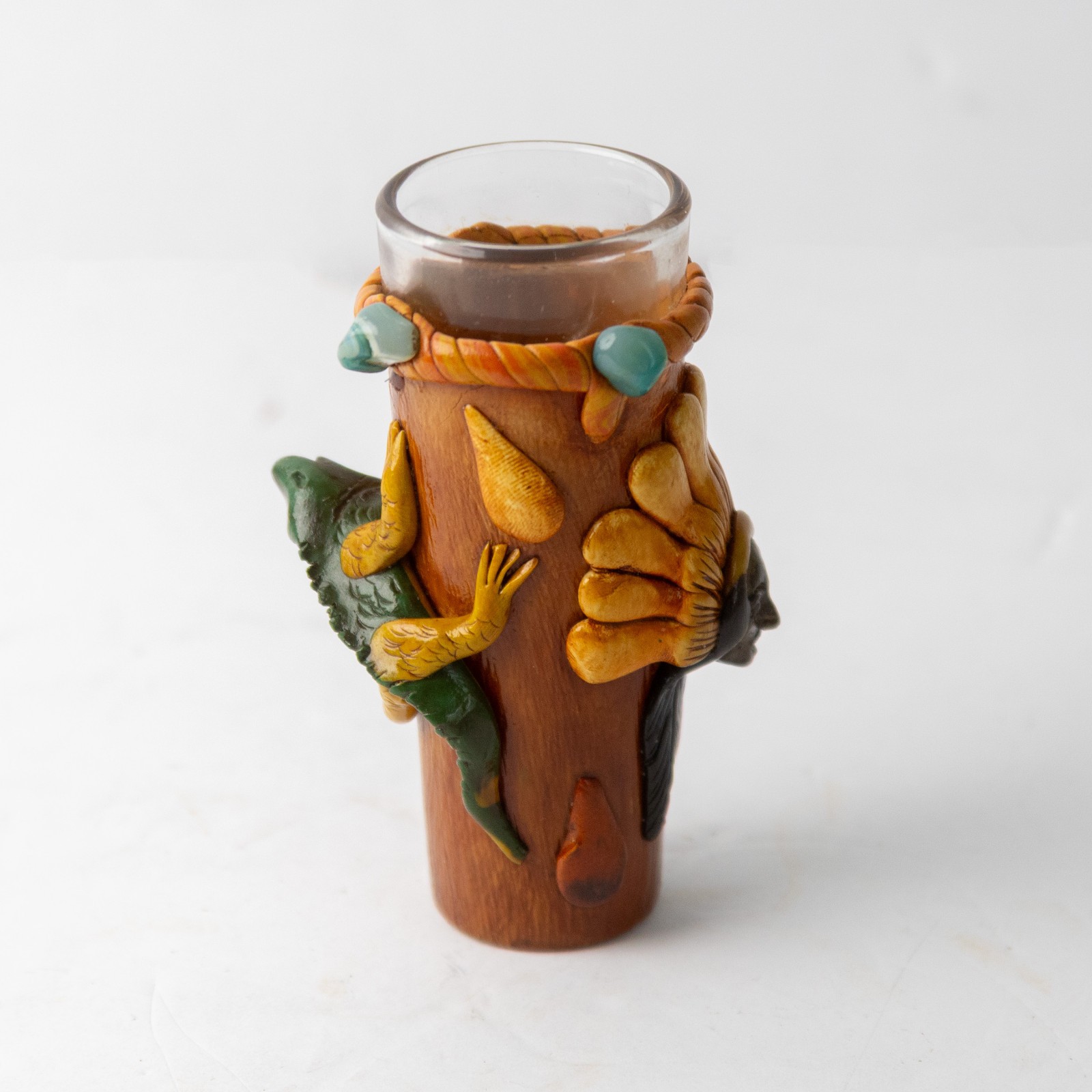 Vintage Honduras 3D Sculpted Shot Glass Set - Toucan & Mayan Chieftain Set of 2