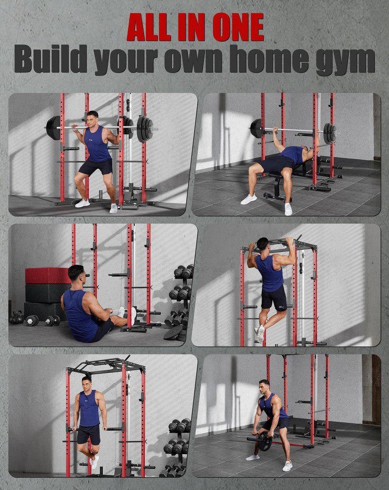 Power Cage, Multifunctional Squat Rack with Pulley System ,J-Hooks, Dip Handles