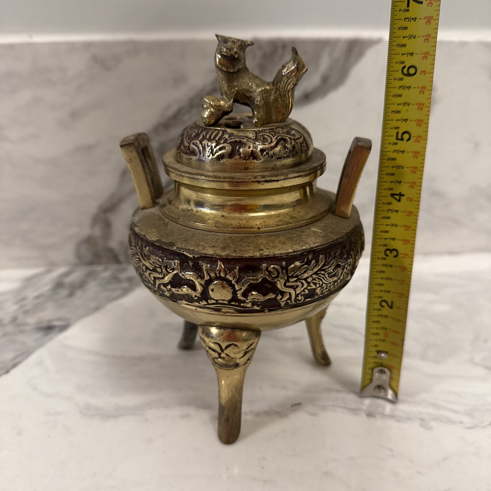 Old Chinese Metal Censer Foo Dog Dragon Motif Estate Find
