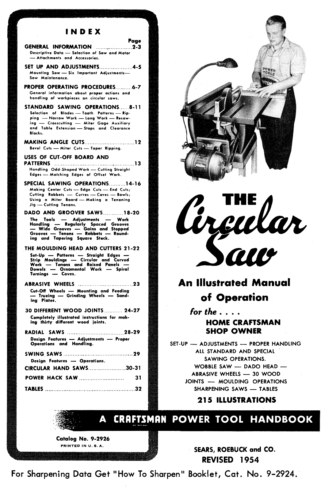 How to CRAFTSMAN Circular Table Saw 1954 Handbook Operator's Manual 0926