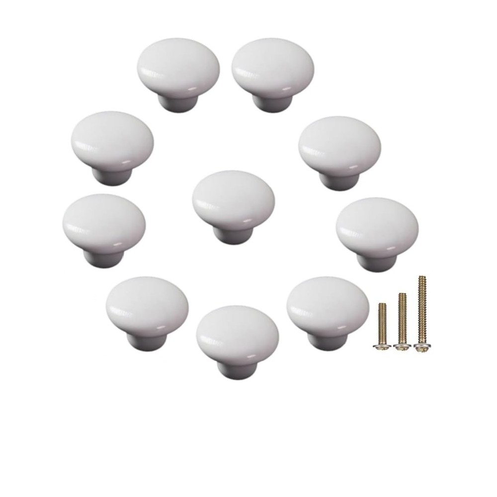 10 Pack White Ceramic Cabinet Knobs, Round, Drawer Pull, Kitchen, Screws