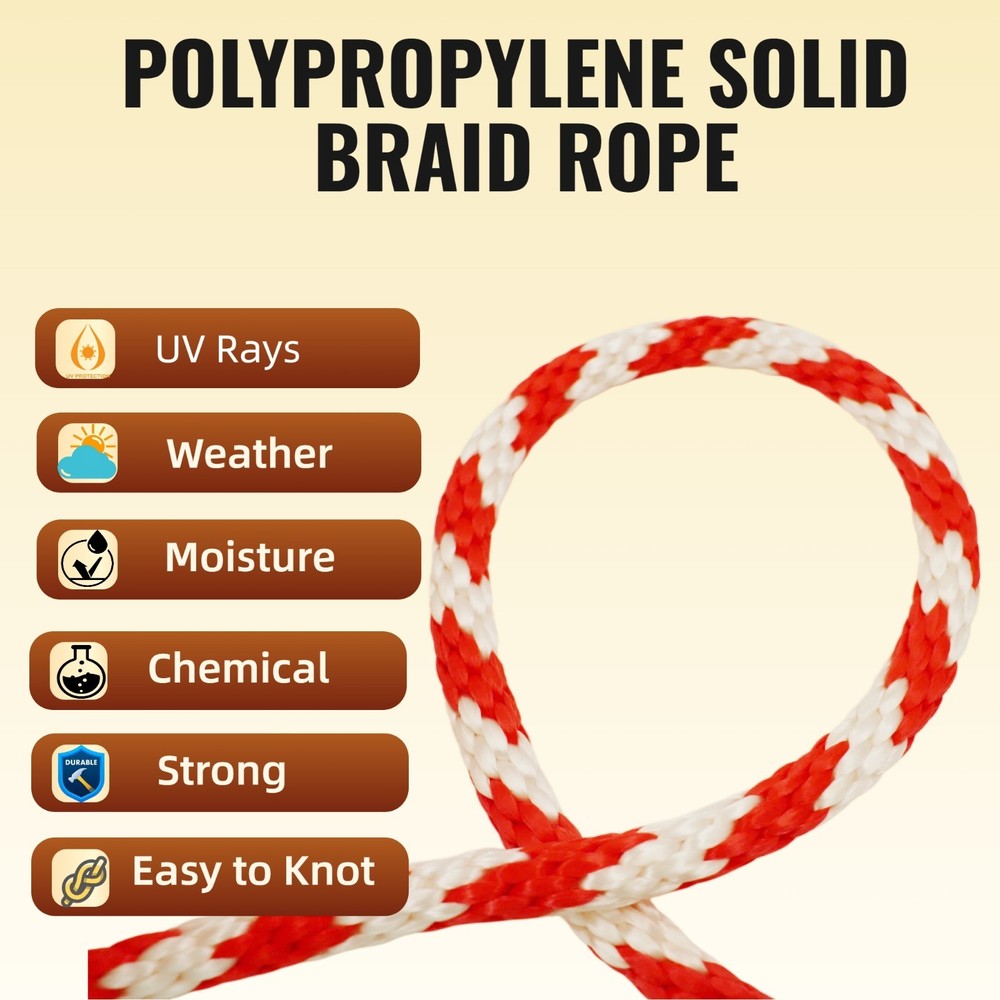 5/8 140 FT PP Heavy Duty Solid Braid Utility Rope Strong Multipurpose Rope