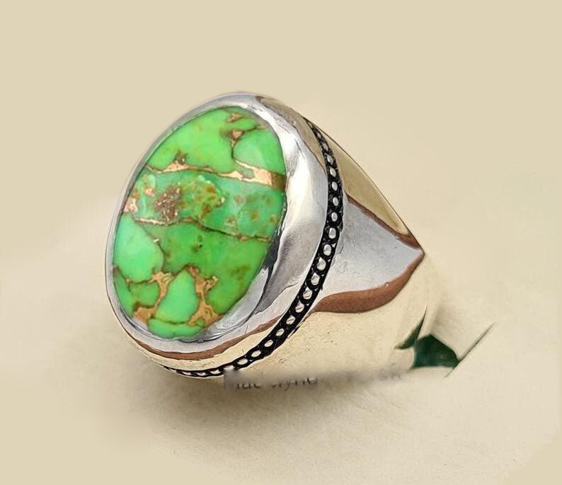 Solid 925 Sterling Silver Natural Green Copper Turquoise Gemstone Men's Ring