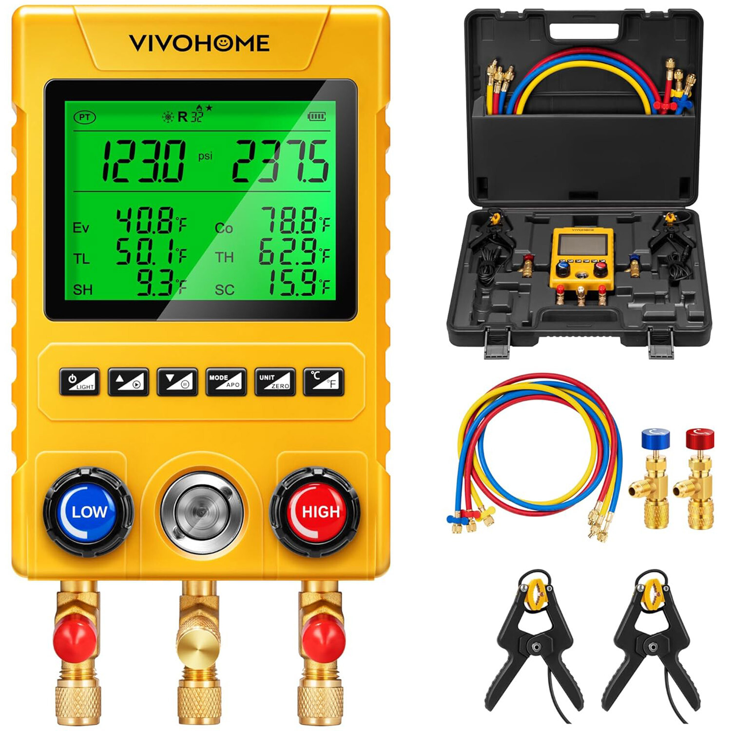 Digital 3-Way HVAC Manifold Gauge Set 800PSI A2L 88 Refrigerants AC Tool w/ Hose