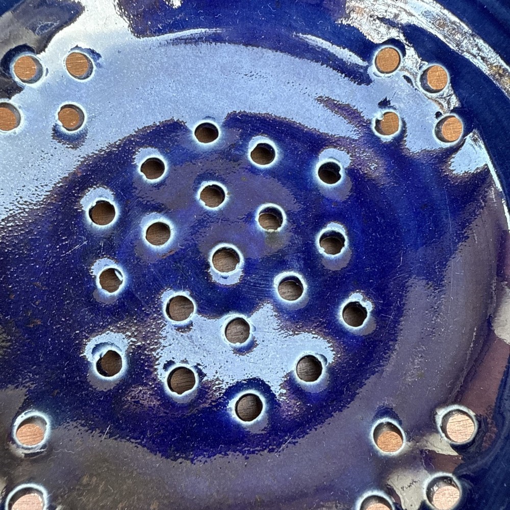Studio Art Pottery Berry Bowl Colander Strainer Signed Blue