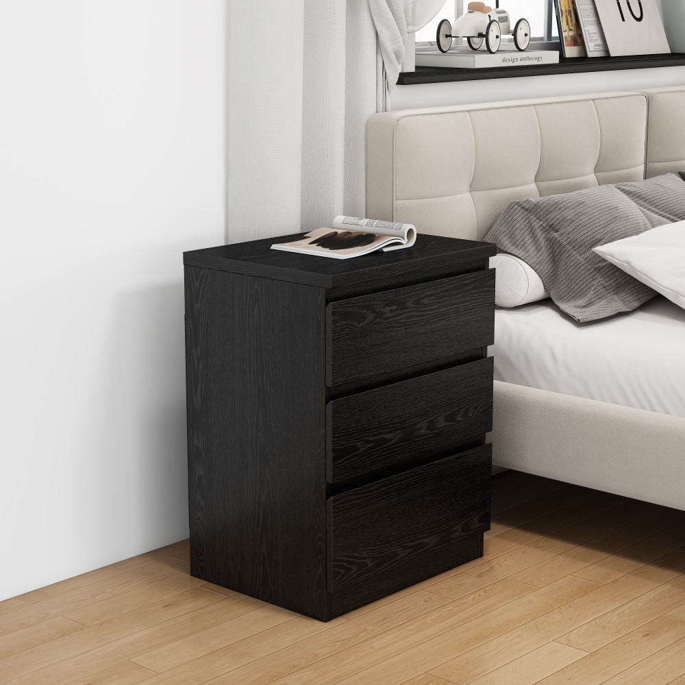 Modern Black Nightstand with 3 Drawers, Handle-Free Bedroom Dresser