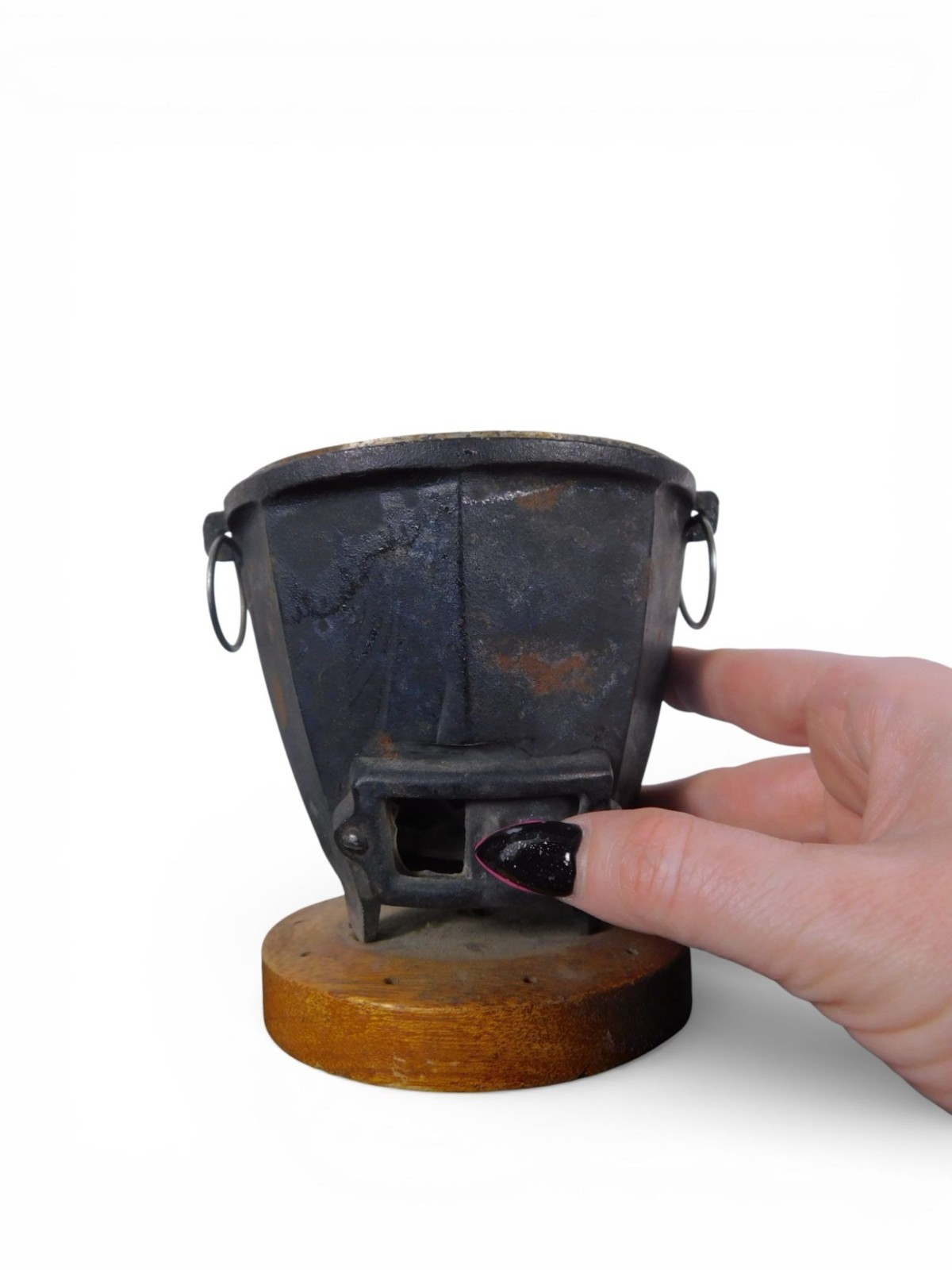 Antique Cast Iron Charcoal Brazier Incense Burner Wood Base