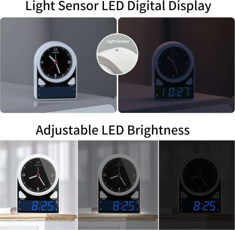 2 in 1 Alarm Clock, Analog Clock with LED Digital Clock, Light Sensor LED Clock,