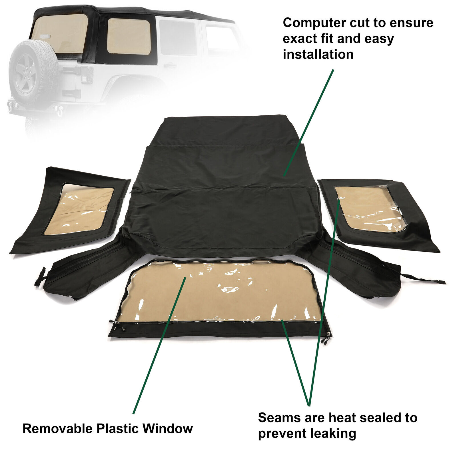 REPLACEMENT BLACK SOFT TOP W/ WINDOWS 9085235 FOR 10-18 JEEP WRANGLER UNLIMITED