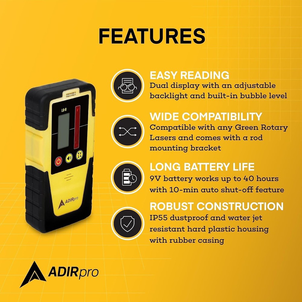 Universal Laser Detector Receiver - Dual Display, 2000ft, Built-in Bubble Level