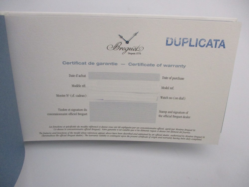 Authentic Breguet Swiss Watch Certificate of Guarantee Warranty Inside of Book