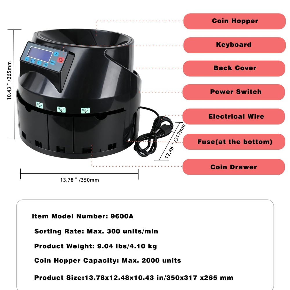 T9600A Professional USD Coin Counting Machine, Automatically Sorts 300 C/min -m
