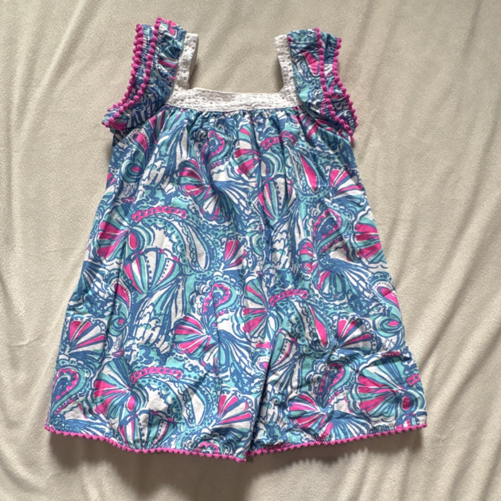 Lilly Pulitzer Girls A-Line Dress Blue Pink White Floral Sleeveless Lace Ruffle