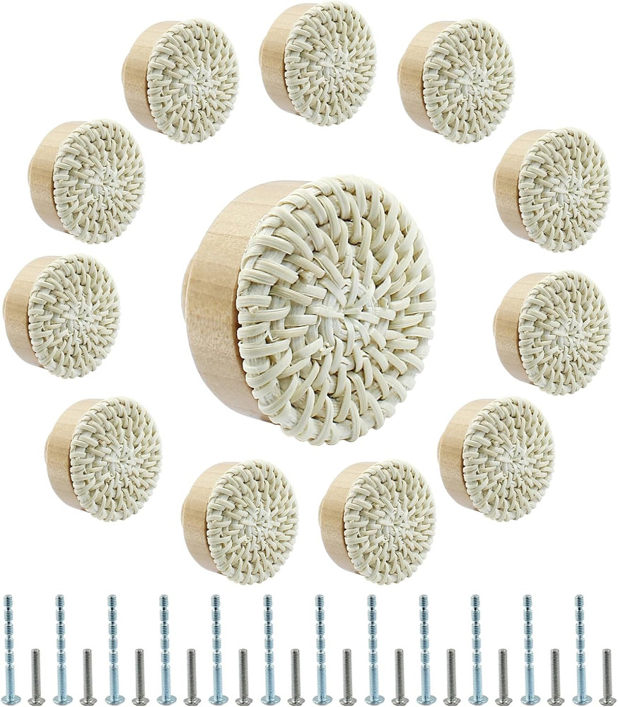 12pcs Rattan Dresser Knobs - Boho Wicker Drawer Knobs, Natural Wooden Decorative