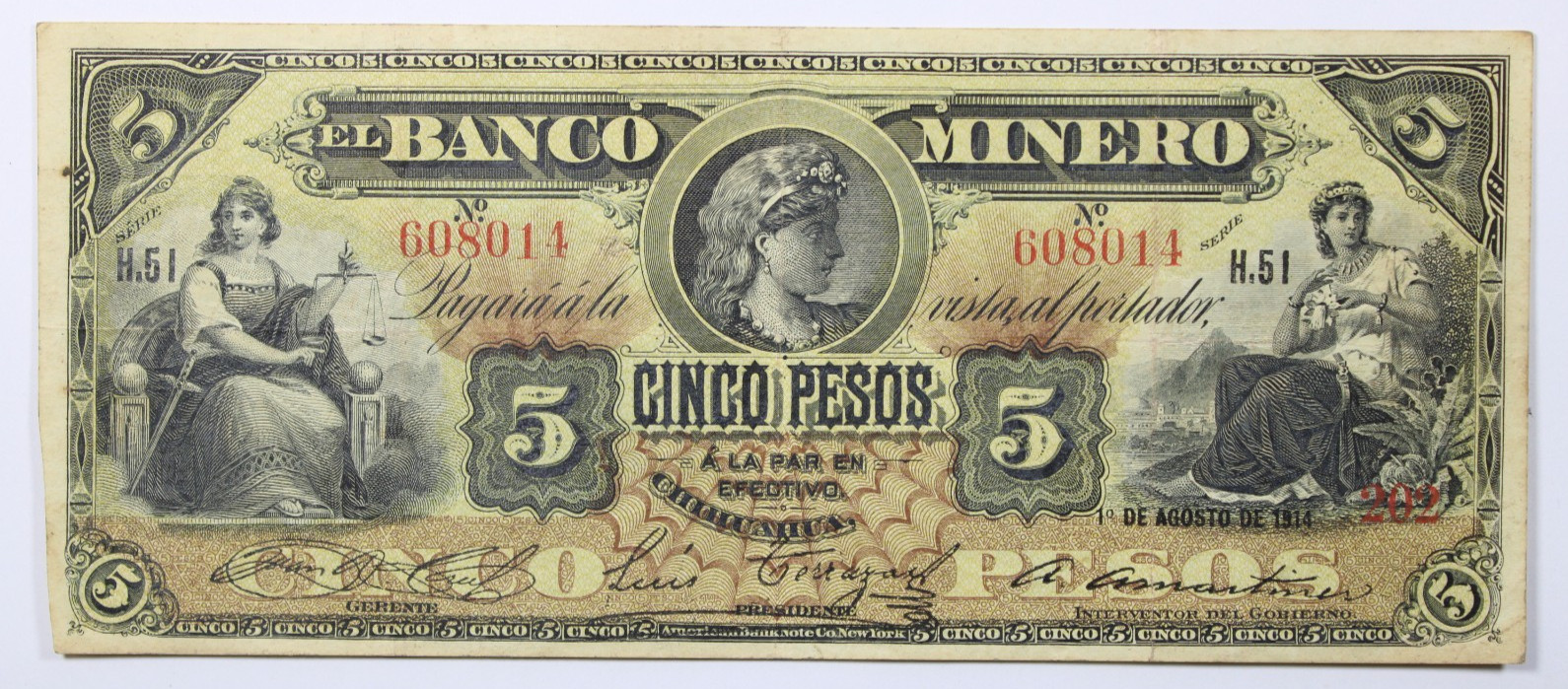 1914 El banco Minero 5 pesos  Circulated Banknote Serie H.51  VF # 0416