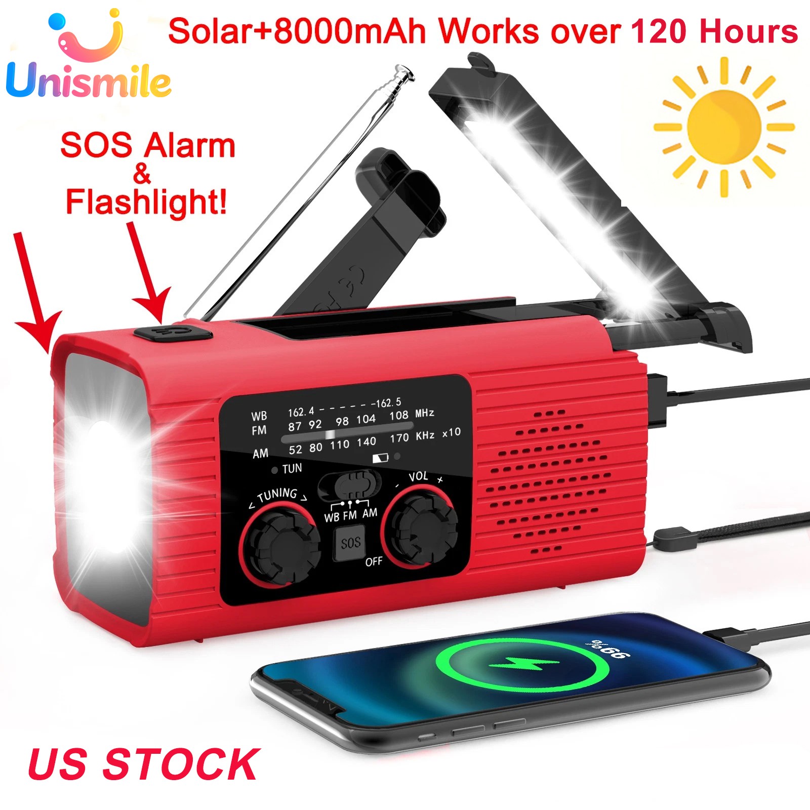 Emergency Solar Hand Crank Weather Radio 8000mAh Power Bank Charger Flash Light