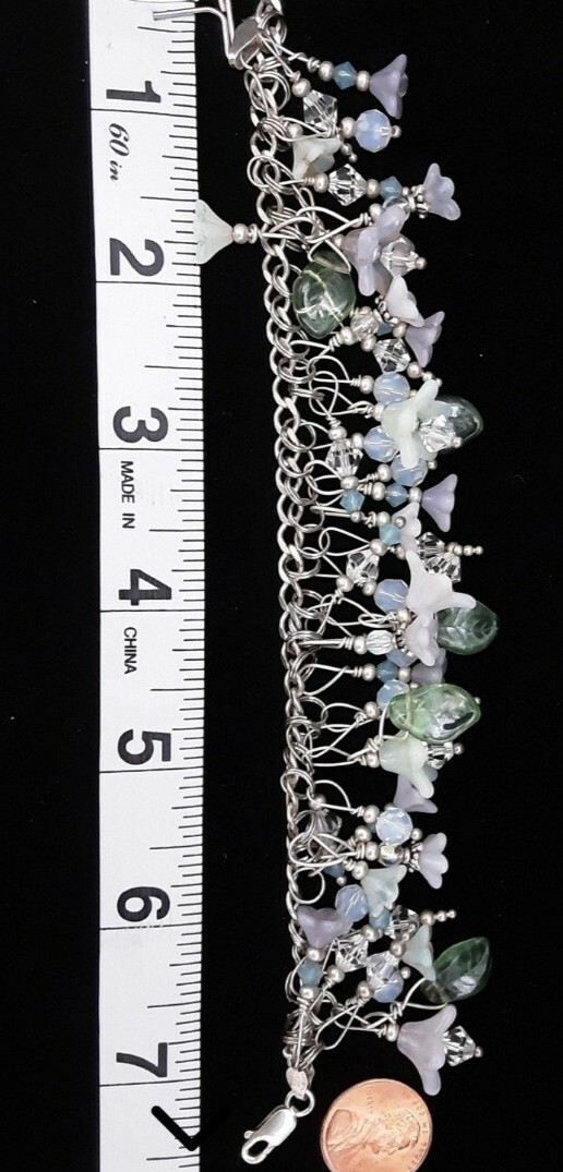 VTG Sterling Charm Braclet Pastel Dangle Opalescent Beads Flower Glass Lampwork