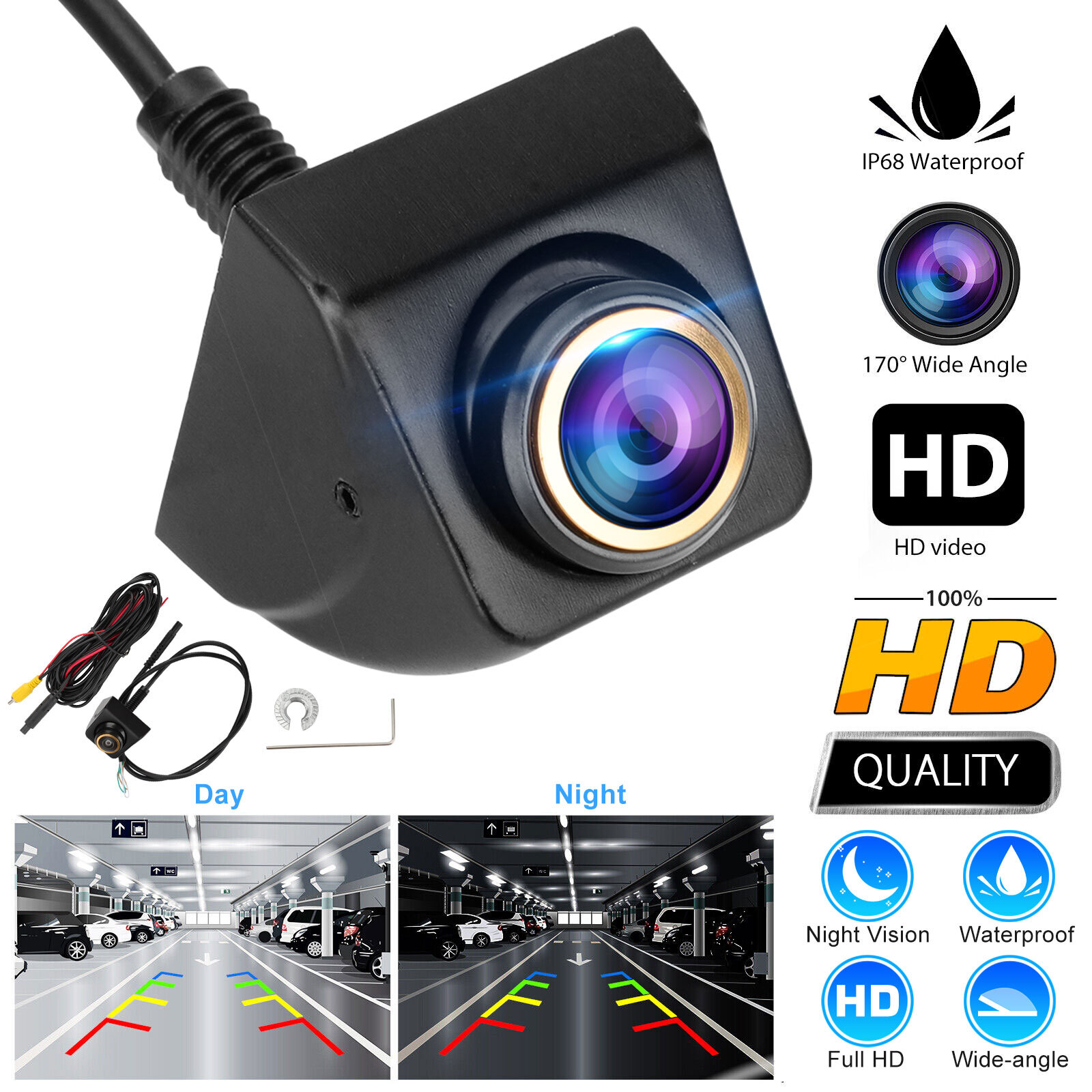 170° AHD Car Rear View Backup Reverse Camera Night Vision Waterproof Cam Black
