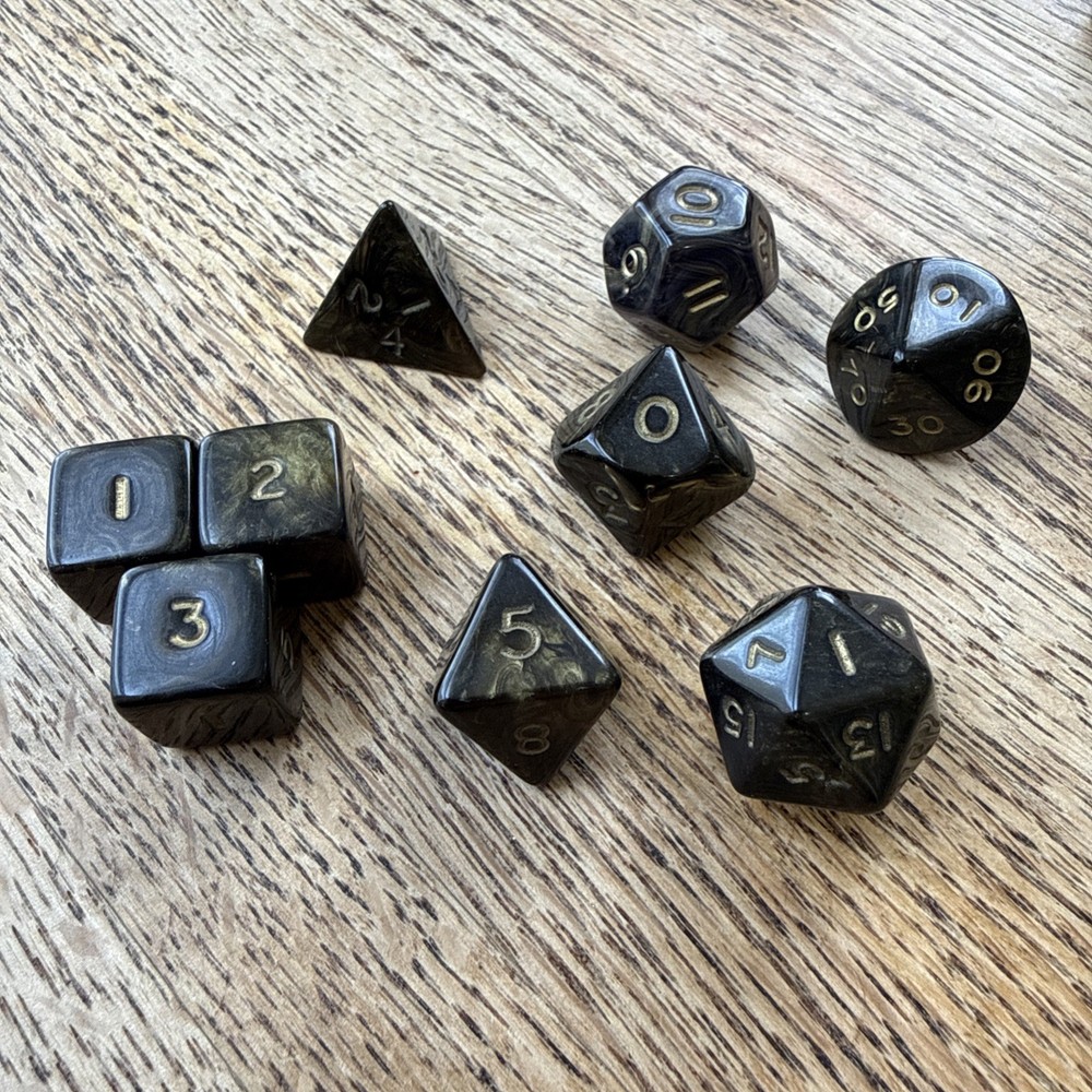 Crystal Caste Ancient / Goldmist - Black - Complete 7 dice Set + 2 Extra D6