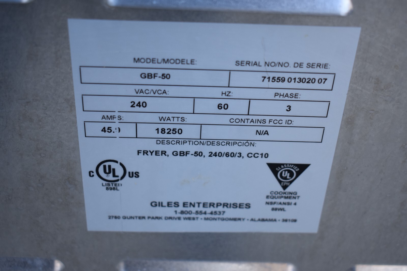 GILES GBF-50 ELECTRIC 50LB FRYER