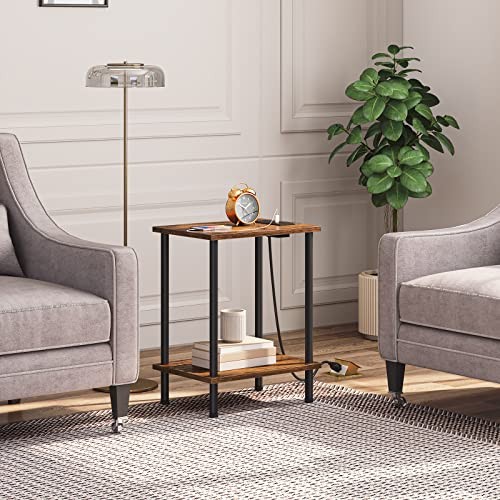 Side Table with Charging Station, Small End Table with 1 Rustic Brown + Black