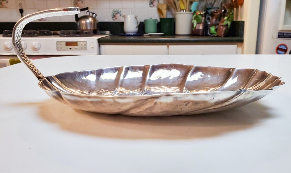 HABIS Hammered Silverplate Leaf Serving Dish with Handle