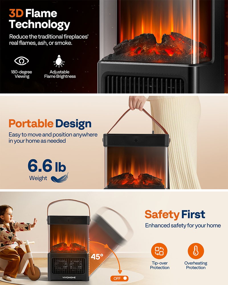 Portable Electric Fireplace Heater Space Heater w/ Timer Touch Control & Remote