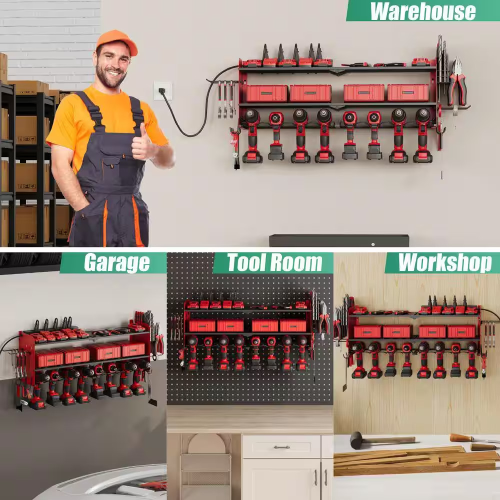 Power Tool Organizer- 8 Drill Wall Mount with Charging Station, Red