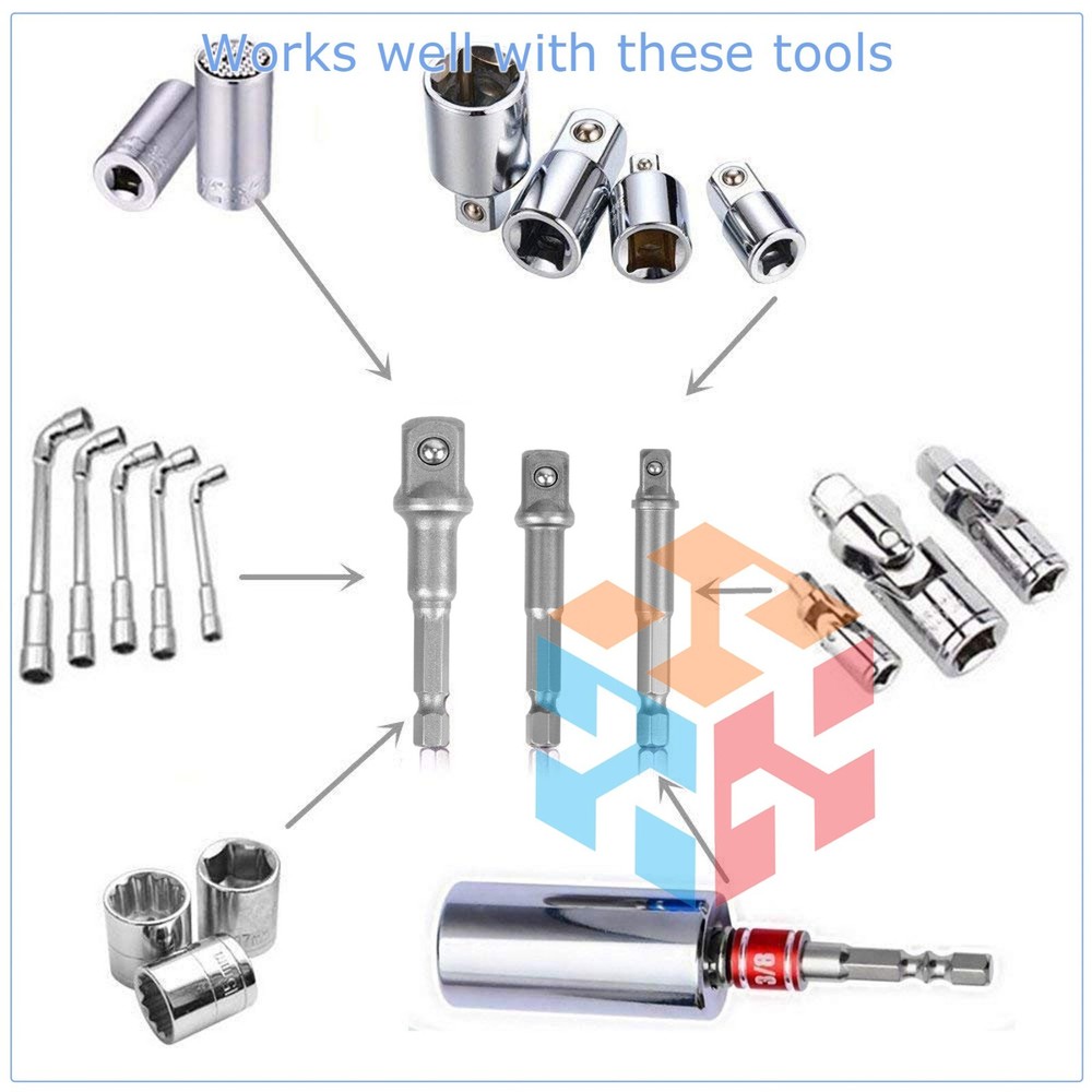 3pc Socket Adapter Set Hex Shank to 1/4" 3/8" 1/2" Impact DRIVER GRADE Drills