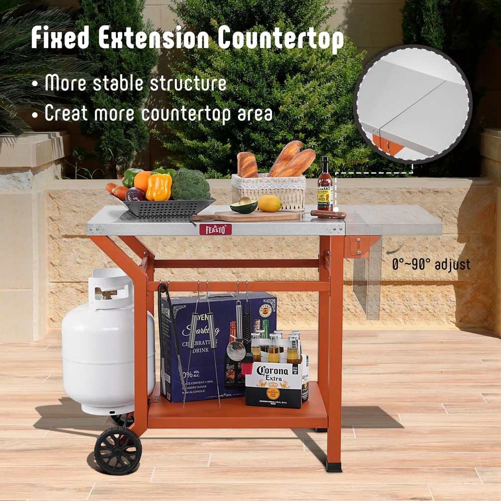 Movable Grill Table with Folding Side Table, Pizza Oven Table as BBQ Food Pre...
