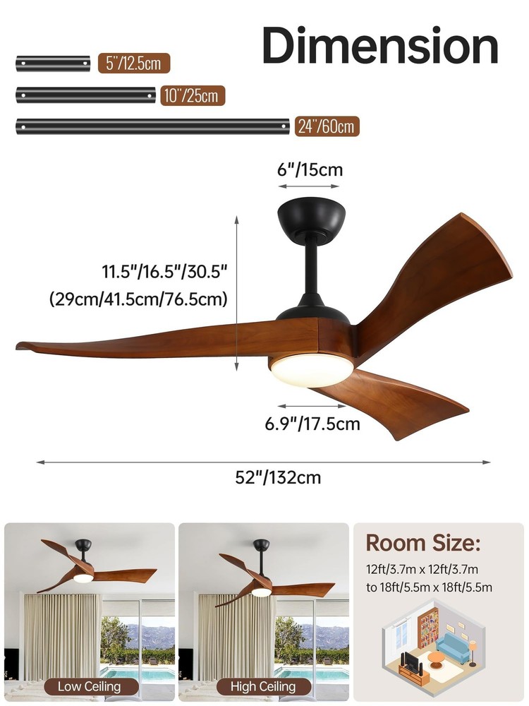 Sofucor 52 Inch Ceiling Fans with Lights, 52 Inch, Dark Walnut+Matte+Light
