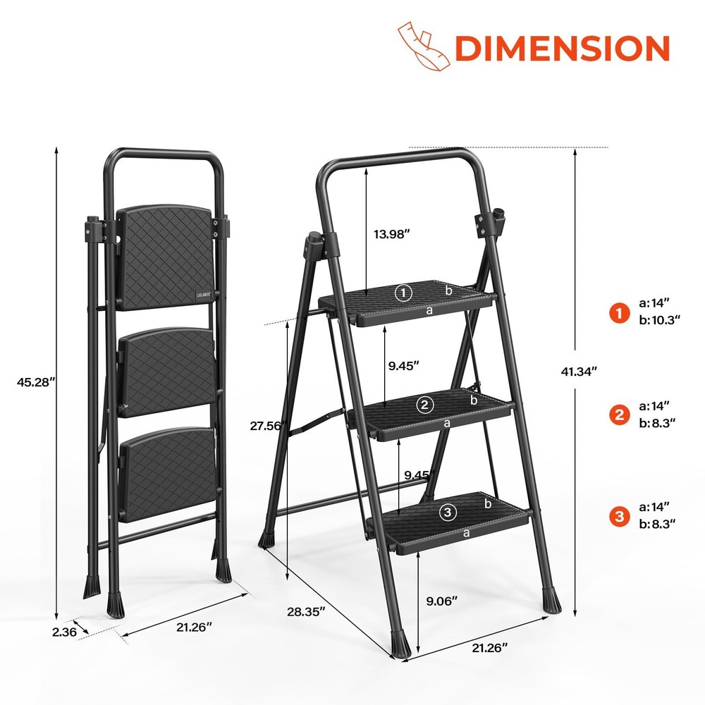 LUISLADDERS 3 Step Ladder with Handrails, Folding Step Stool with Widened Ant...