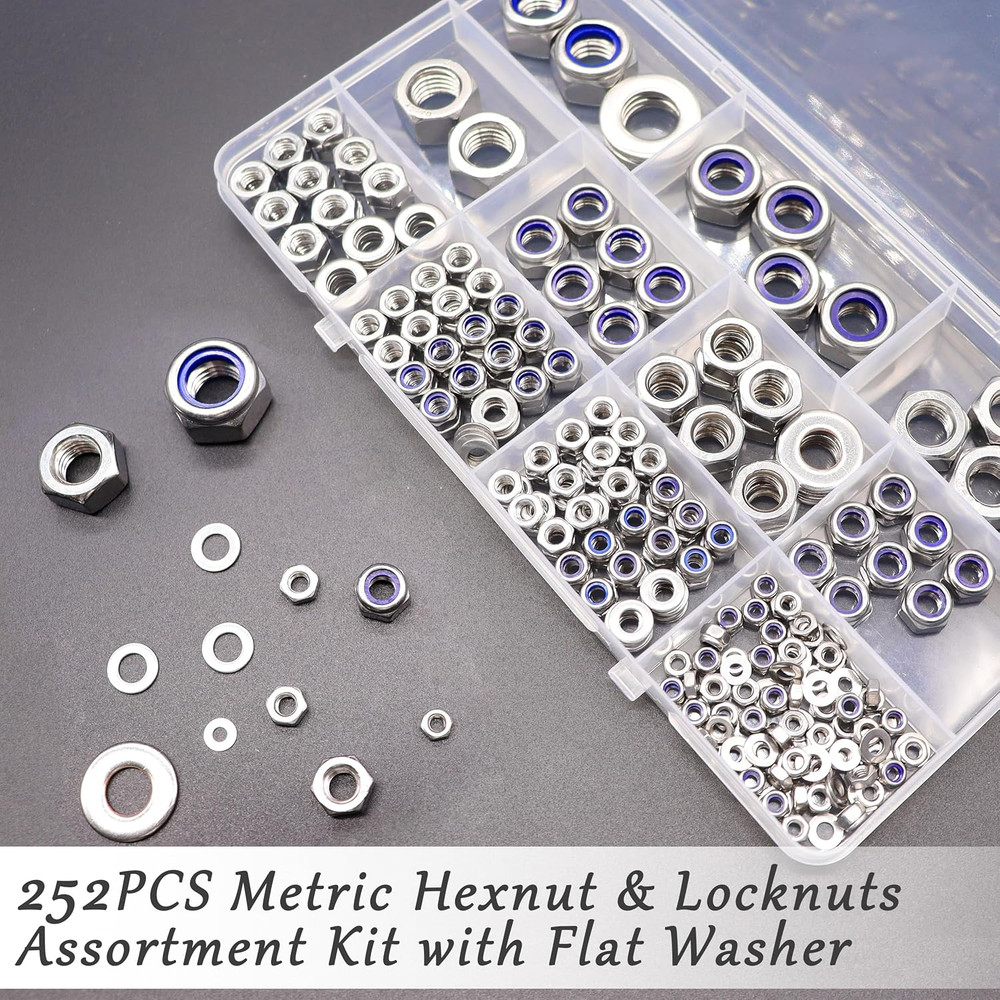 252PCS Metric Hexnut & Locknuts Assortment Kit with Flat Washer, Nuts and Was...