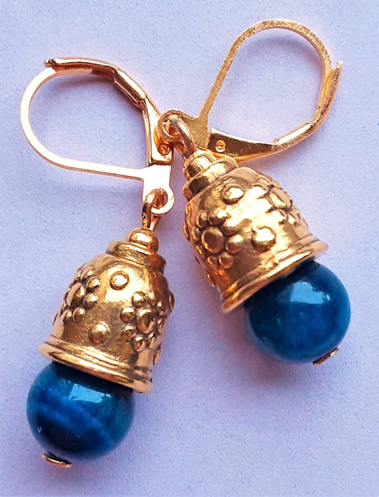 BLUE TIGER EYE Lantern shape drop earring GP LEVERBACK handcrafted XGE