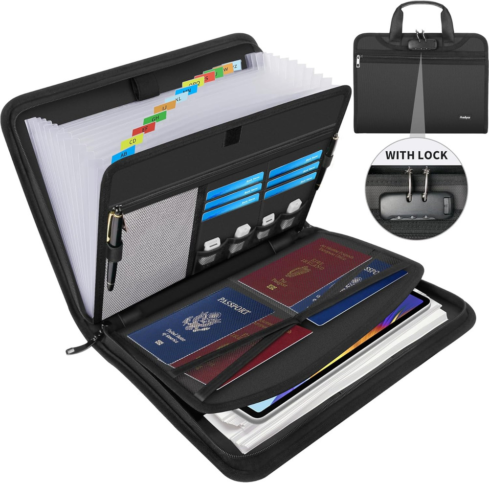 Accordion File Organizer with Lock, Fireproof Expanding File Folder with Tabs...