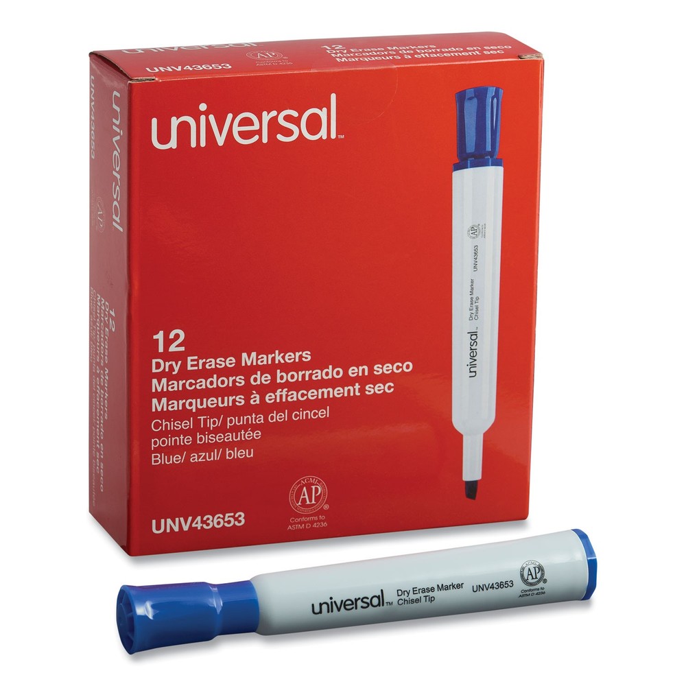 Universal® Dry Erase Marker, Chisel Tip, Blue, Dozen