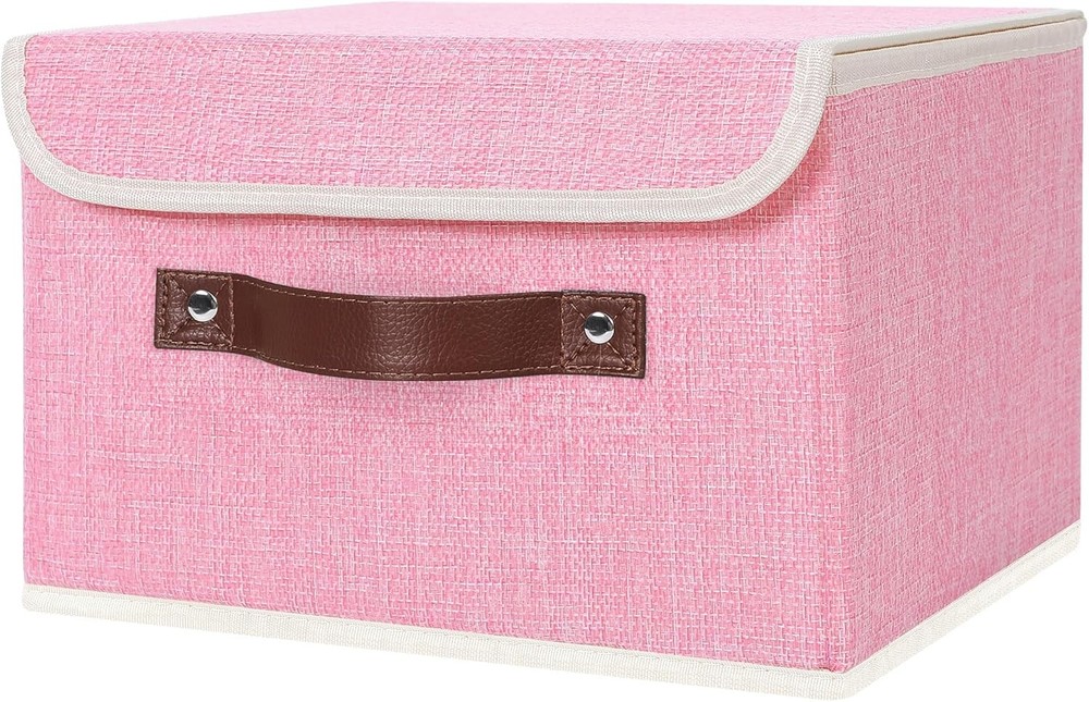 Storage Bin Lid PU Leather Handle Foldable Cotton Linen Beige Small