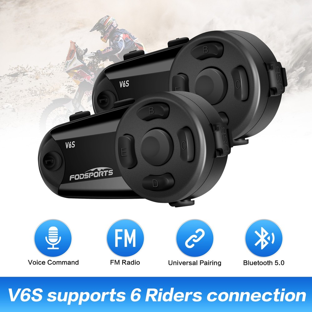 2X V6S Bluetooth Intercom Motorcycle Helmet Headset Interphone 1KM 2 Way Type-C