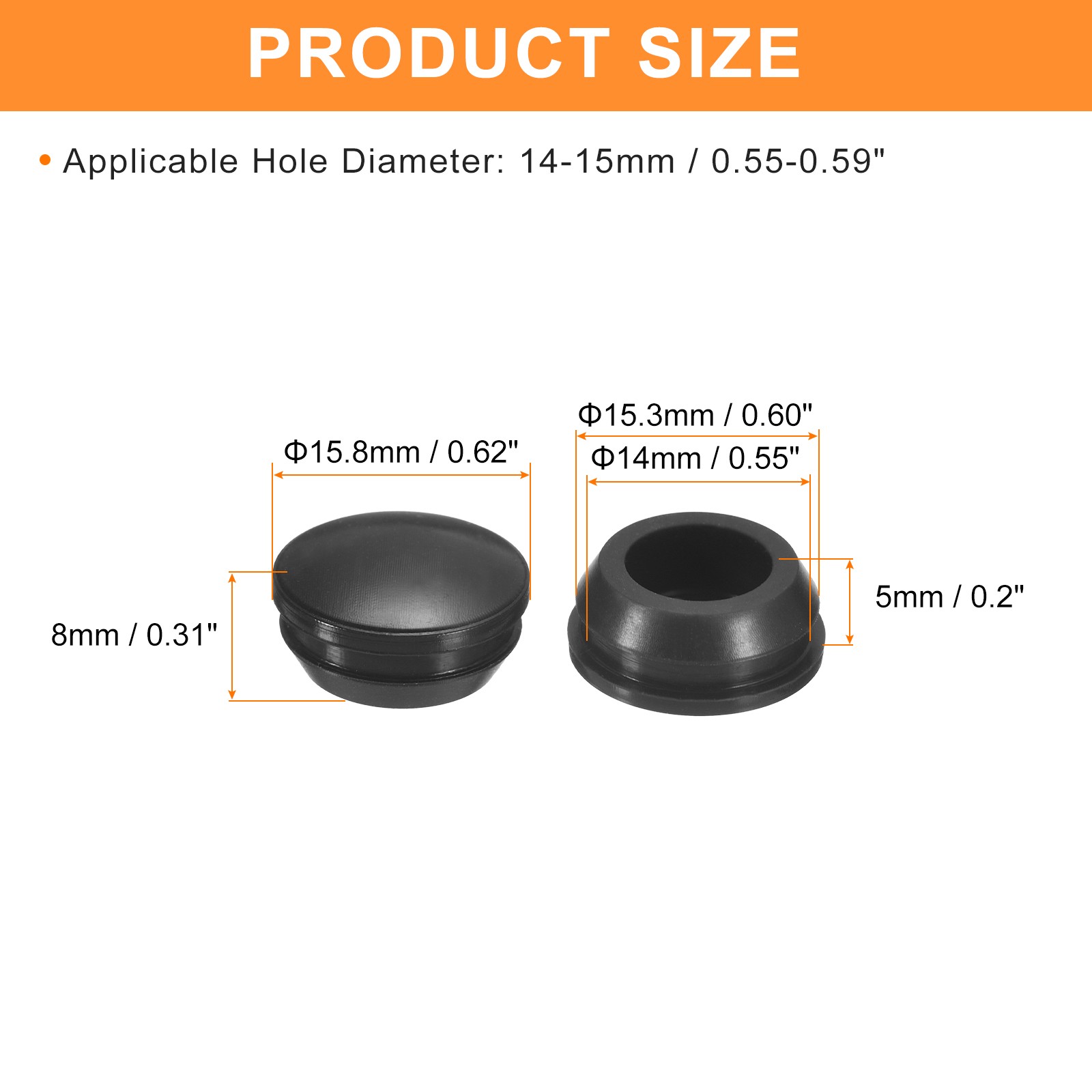 15Pcs Silicone Plugs Rubber Round Locking Hole Plugs for 14-15mm Hole Black