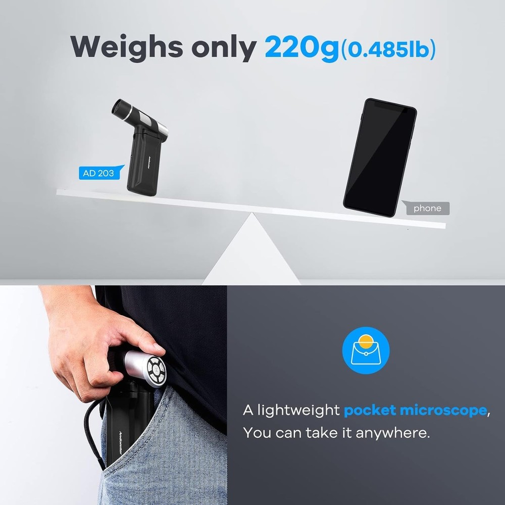 AD203 Handheld Digital Microscope, Portable Pocket USB Coin Microscope with 4...