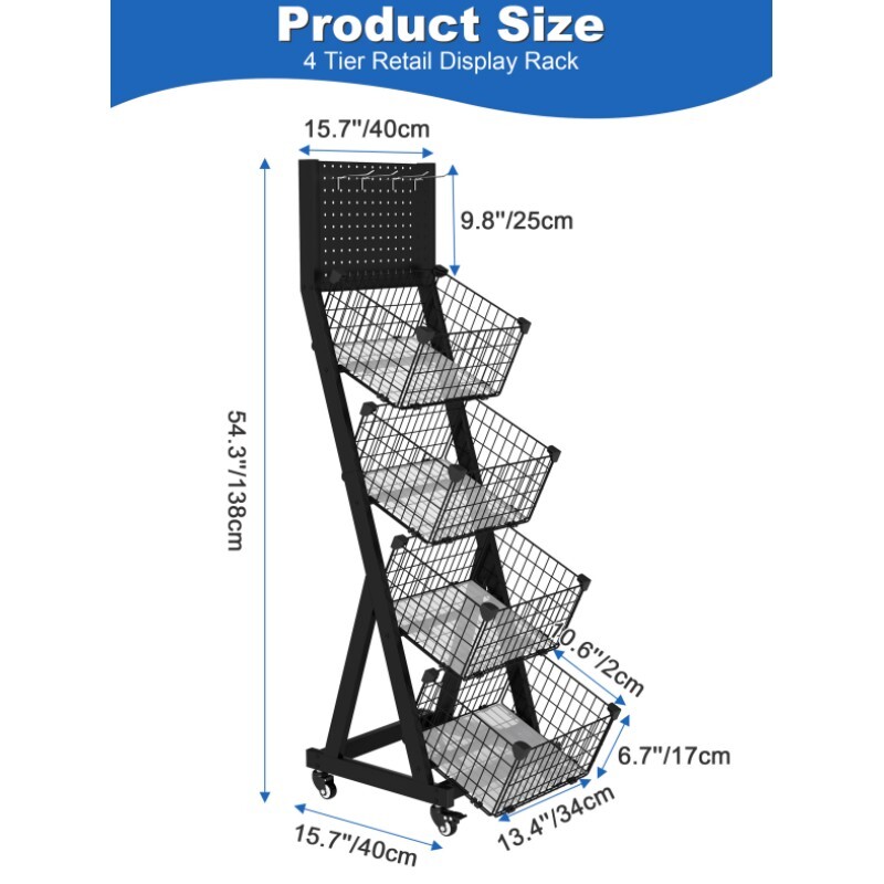 Retail Display Rack Stand 4 Tier Snack Candy Shelf Cart w/Wheels & Display Board