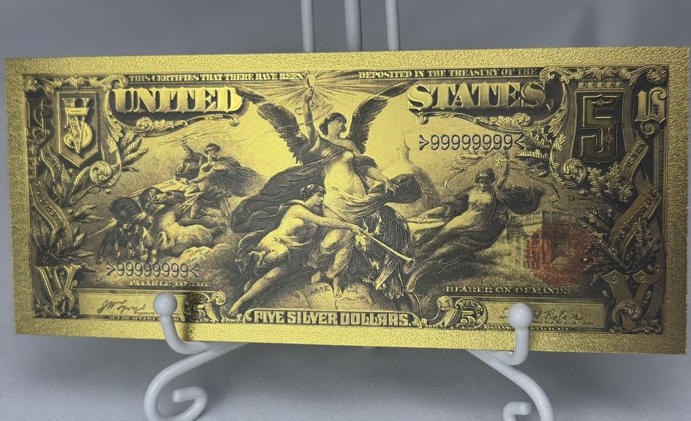 1896 $5 Silver Certificate Angels Gold Foil Banknote Bill Dollar - Novelty