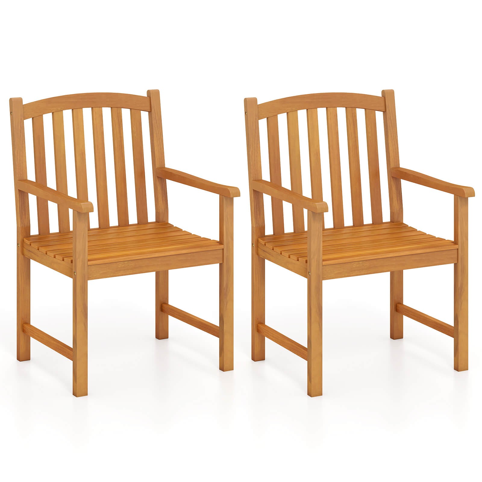 2PCS Outdoor Dining Chairs Acacia Wood Slatted Patio Chairs w/ Inclined Backrest