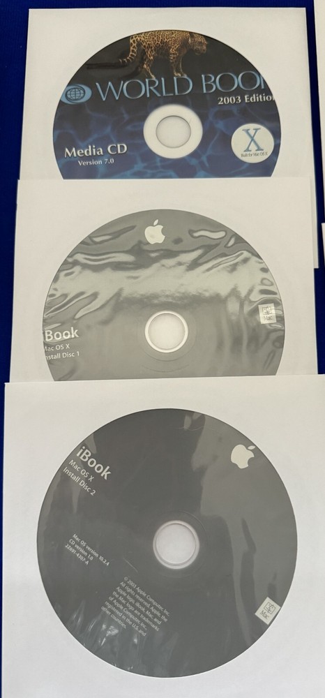 7-2003 Apple Mac iBook OS X Install & Restore Software + World Book Media CDs