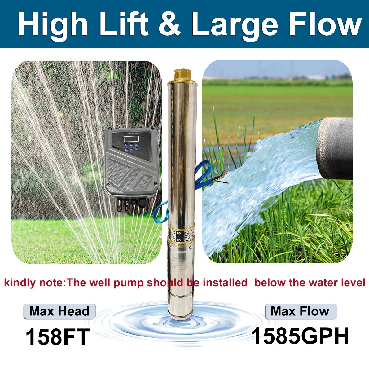 4" 600W Solar Pump Submersible Pump Bore Deep Well Pump+MPPT Controller DC 48V